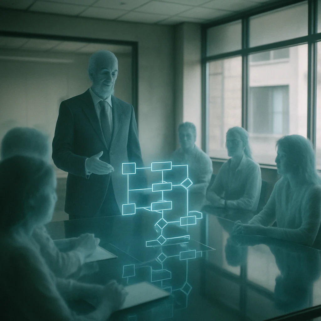 近代的な会議室で、半透明の幽霊社員たちとスーツ姿の死霊部長がホログラムのワークフロー図を見ながら打ち合わせしている写真。