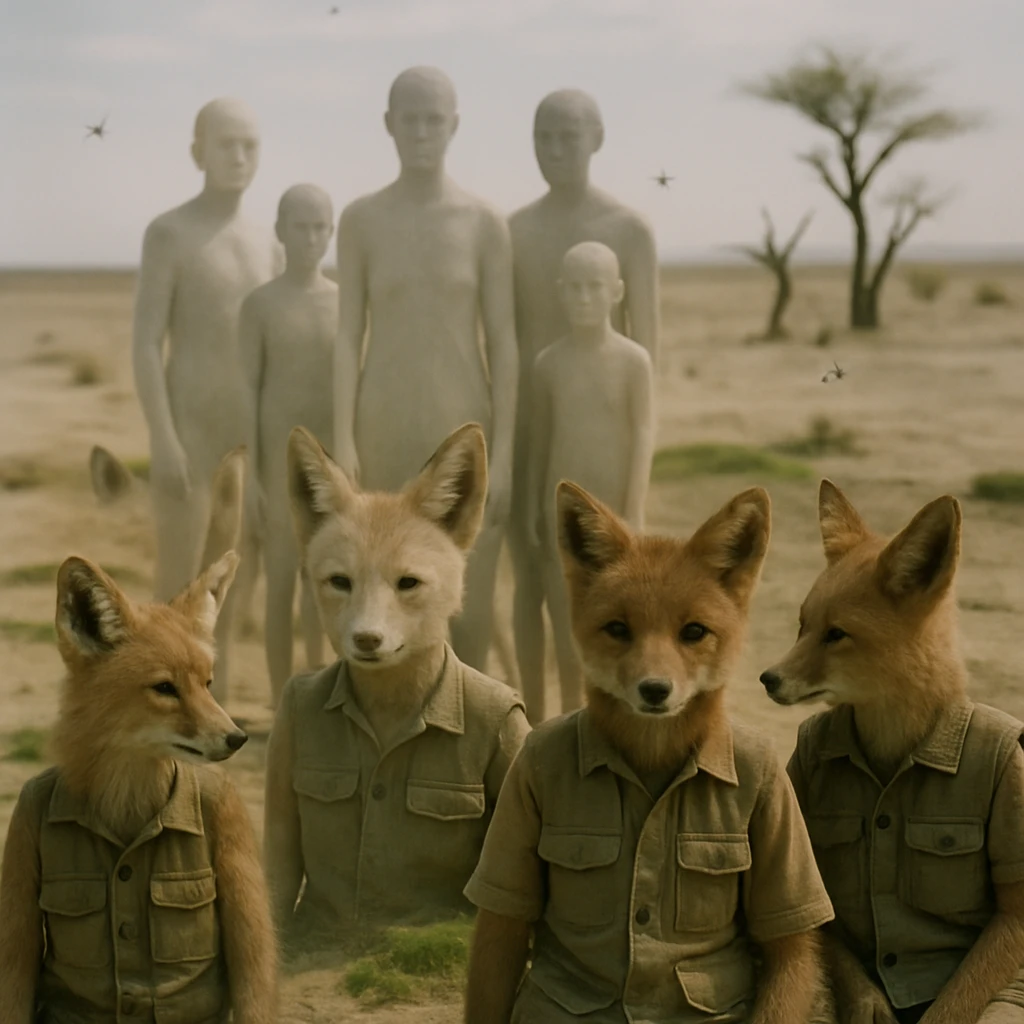 砂漠の中で幽霊のようなレンジャーと妖狐の若者たちが、緑色のコケの周りに集まって活動している実写風の写真。