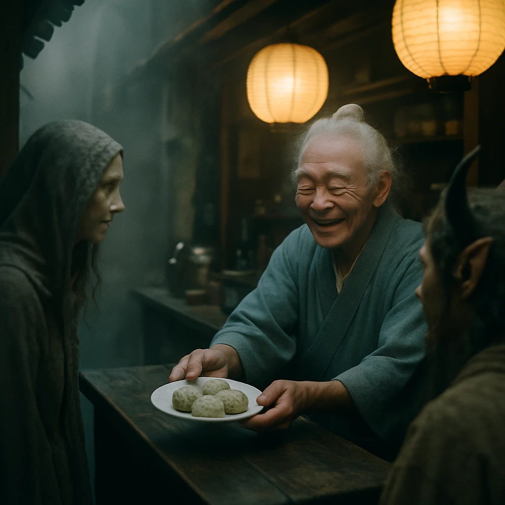 薄暗い商店街の精霊カフェカウンターで、和服姿の笑顔の店主がチアシード大福を幽霊や妖怪風の客に手渡している写真。