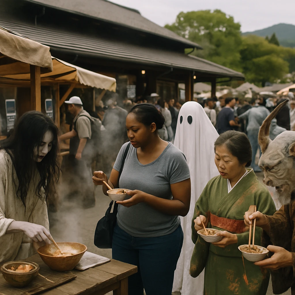 古びた道の駅で開催された屋外の食フェスで、幽霊や妖怪たちが発酵料理を楽しんでいる様子の写真。