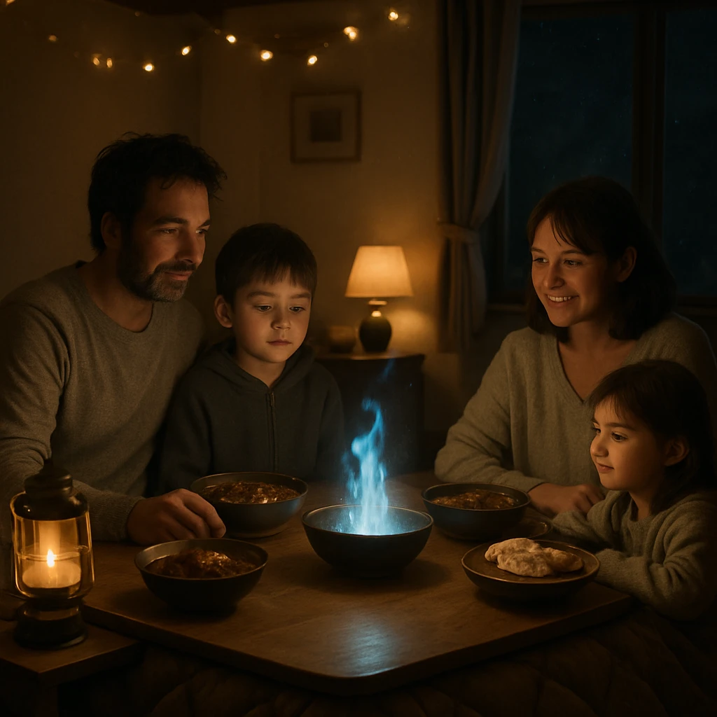 こたつを囲んで団らんする家族が、霊火ボウルやランタンの優しい光に包まれた夜のリビングでカレーを楽しむ光景。
