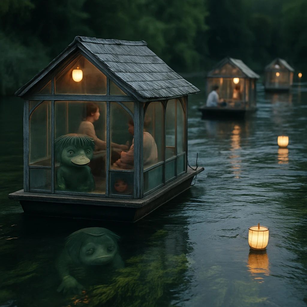 清流の上を漂う浮遊庭園住宅と水中窓から川を覗く河童や妖怪の子どもたちの様子を捉えた写真。