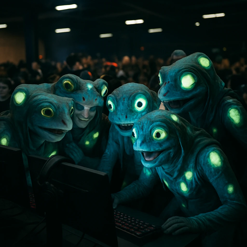 夜のeスポーツ大会会場で、発光するパッチを身につけたカエルの霊を模したコスプレイヤーたちがPCの前で歓声を上げている様子。