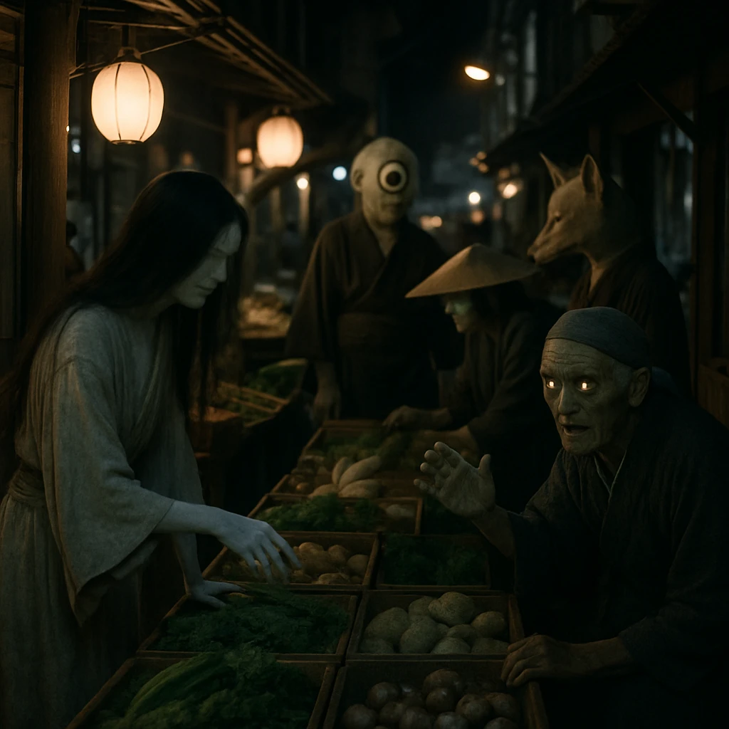 夜の薄暗い路地で、幽霊や妖怪が出店や商品を囲むにぎやかな市場の様子を写した写真。