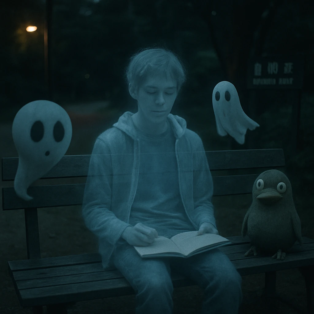 黄昏時のシラヌイ・パークでベンチに座る幽霊の若者とその仲間たちをリアルに捉えた写真。