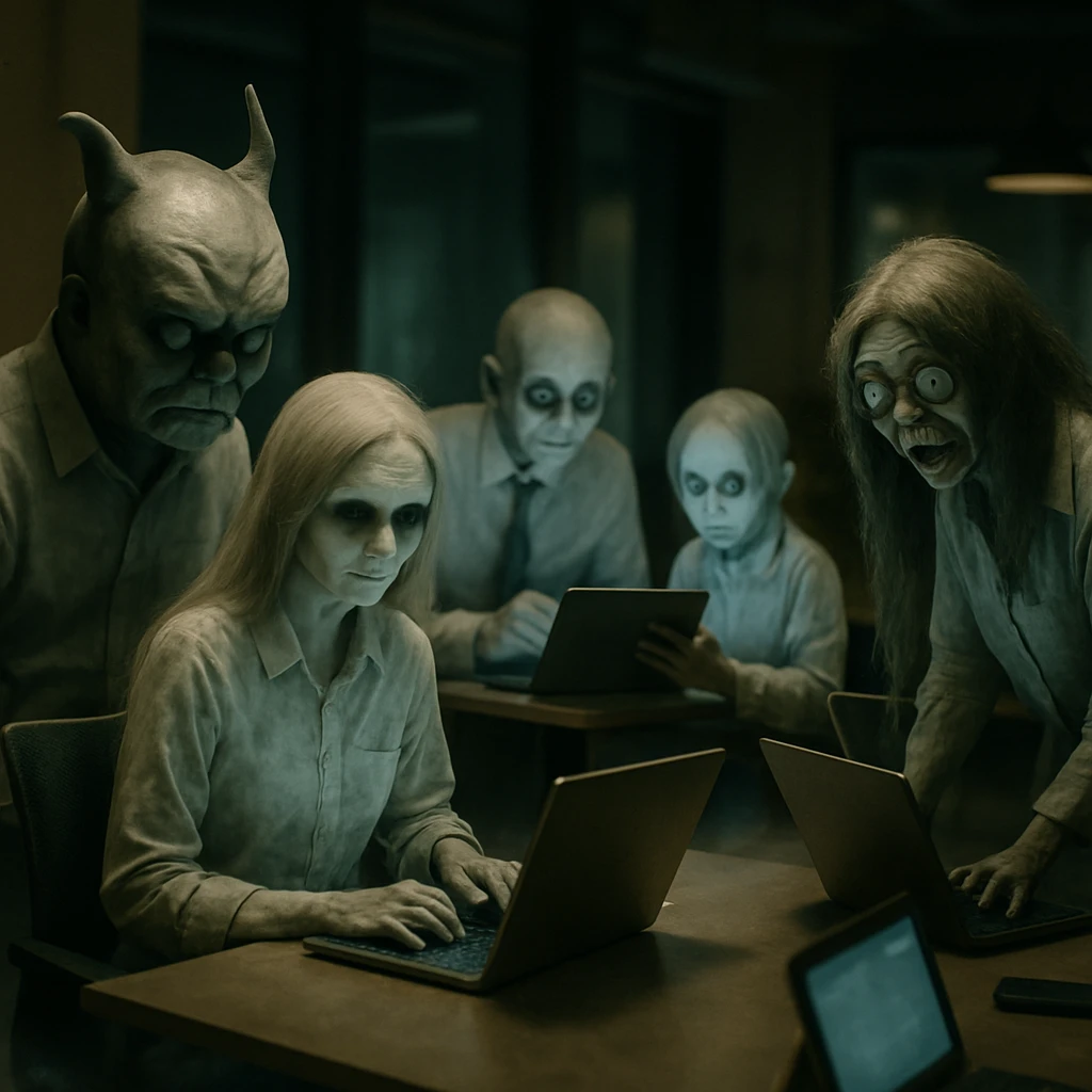 幽霊や妖怪たちがモダンなコワーキングスペースでノートパソコンを囲んで作業している写真。