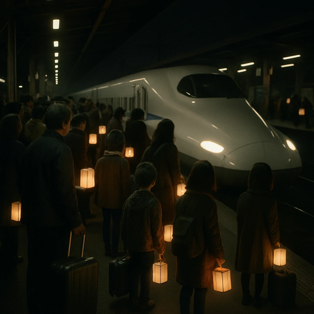 深夜の駅のホームで、様々な年齢層の人々がスーツケースとぼんやり光る紙灯籠を持ち、到着する新幹線を待っている様子。