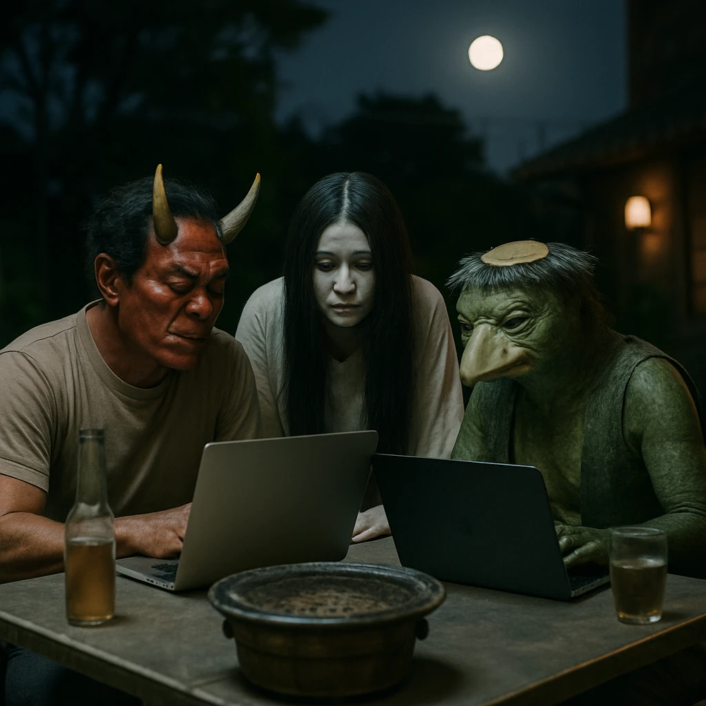 満月の下、異形の従業員たちがテーブルを囲んで仕事する様子のリアルな写真。