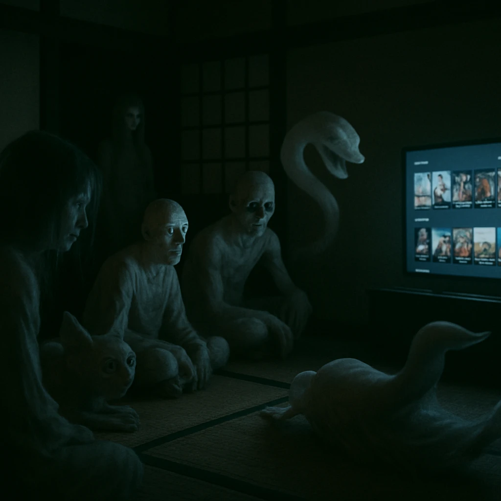 夜の畳部屋でテレビ画面に夢中になる幽霊や妖怪たちが集まっている写真。