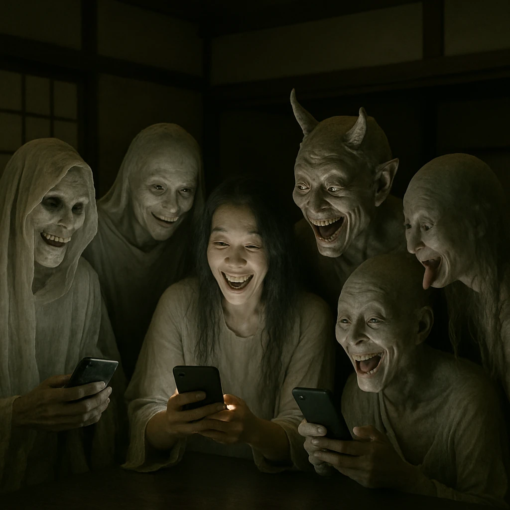 和室でスマートフォン画面を囲みながらプロフィールを編集する幽霊や妖怪たちの実写風写真。