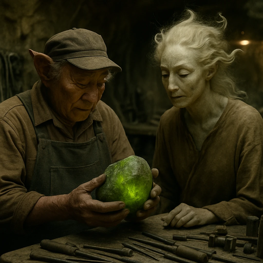 地底の工房で光る緑色の石を妖怪技師と土中精霊が調査している様子の写真。