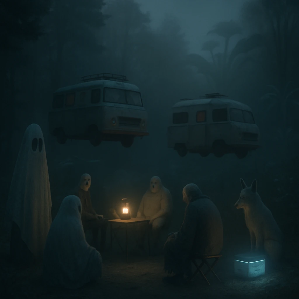 夜の霧が立ち込めるキャンプ場で、浮遊車両のまわりに半透明な妖怪や幽霊たちが集まってくつろぐ様子。