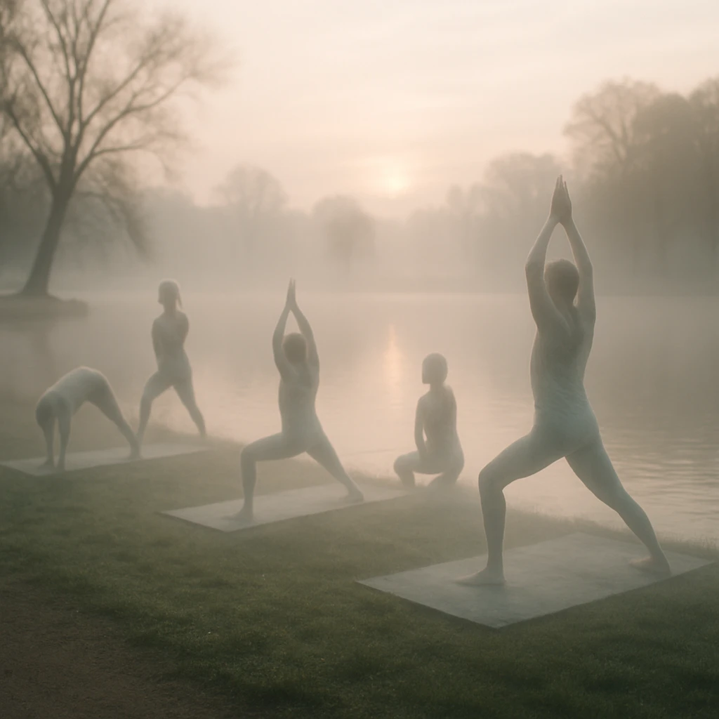 霧が立ちこめる湖畔の公園で、半透明の幽霊たちがぼんやりしたウェアを身につけ、浮かぶヨガマットの上でヨガポーズを取っている様子。