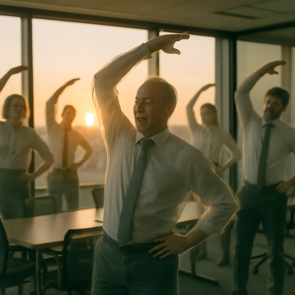 朝の会議室で半透明の幽霊社員たちがトレーナーの指導で体操をしている様子。