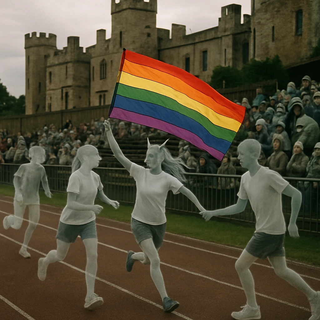 古城のグラウンドで、ジェンダーレスな制服を着た幽霊や妖怪の生徒たちが巨大なレインボーフラッグを掲げてリレーを走る様子の写真。