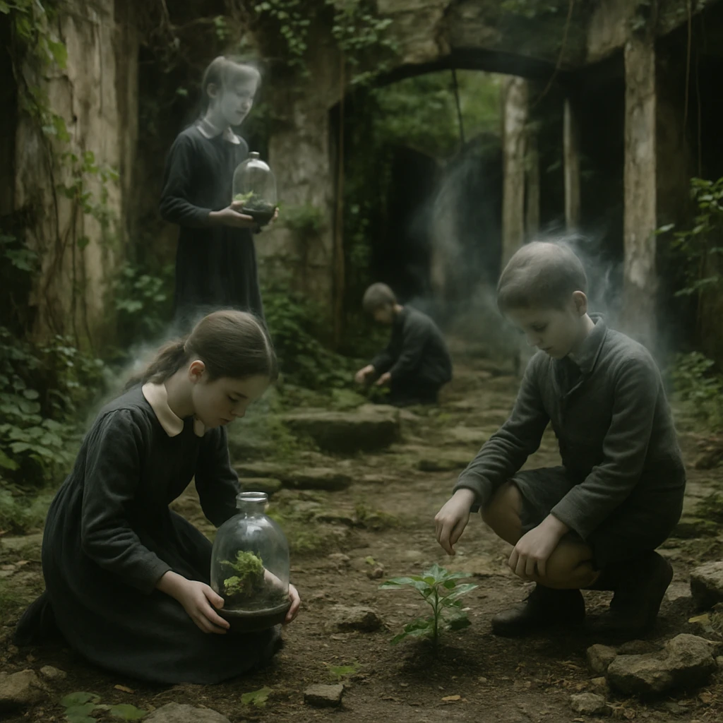 草木が生い茂った廃墟都市で幽霊の子どもたちが小さなテラリウムや植物の世話をしている様子のリアルな写真。