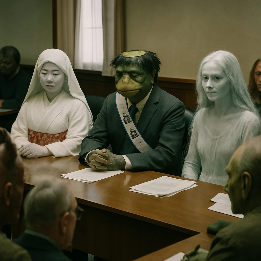 和やかな雰囲気の会議室で、雪女やカッパ、幽霊の市長たちが住民と議論している様子の写真。