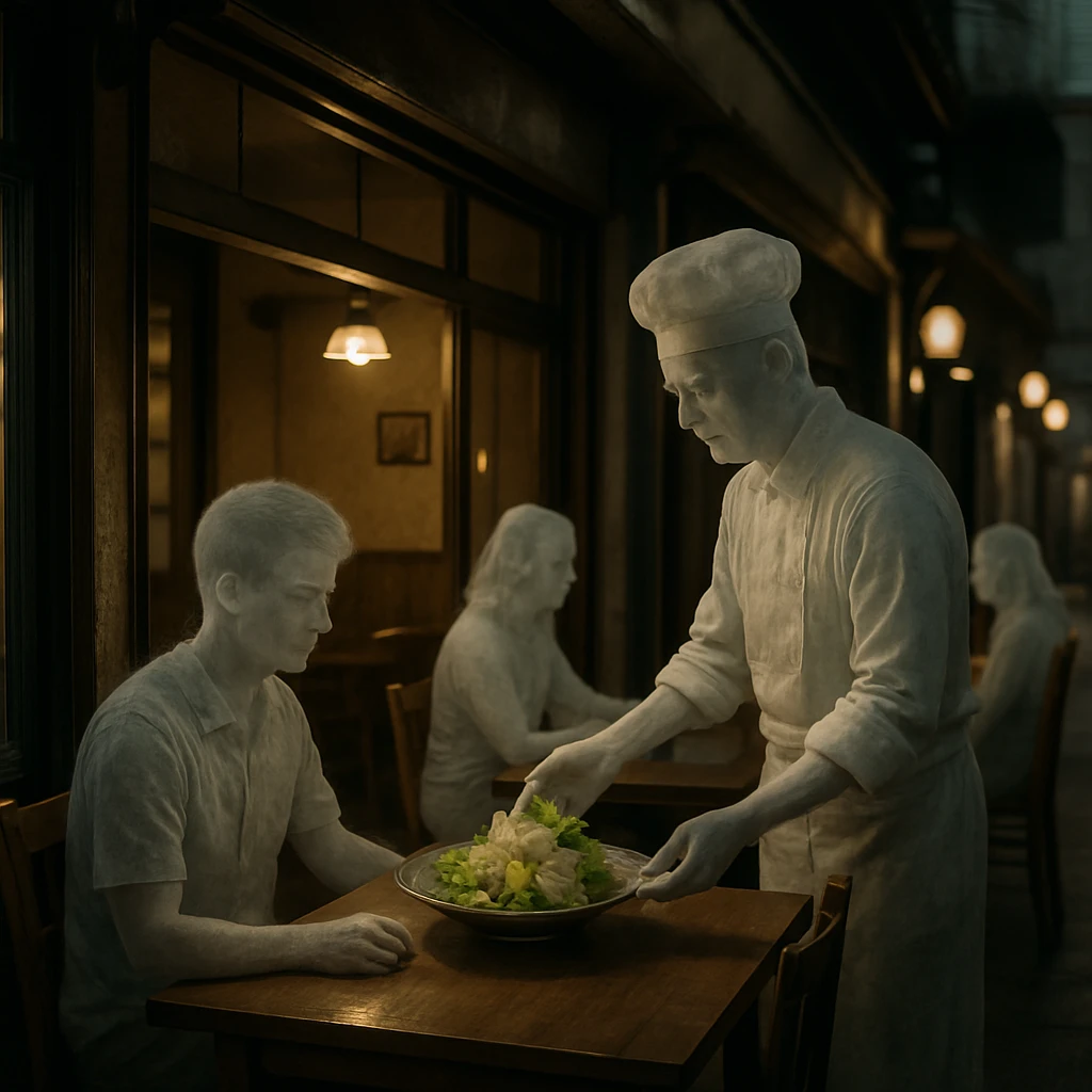 レトロな旧商店街の一角、木製のテーブルに脱皮膜風のサラダが並ぶ小さな食堂で、精霊風の客と店主が穏やかに過ごす様子。