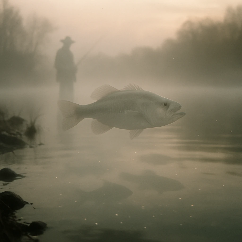霧が立ちこめる湖岸と水面に浮かぶ半透明のブラックバス、奥には幽霊の釣り人が立っている写真。
