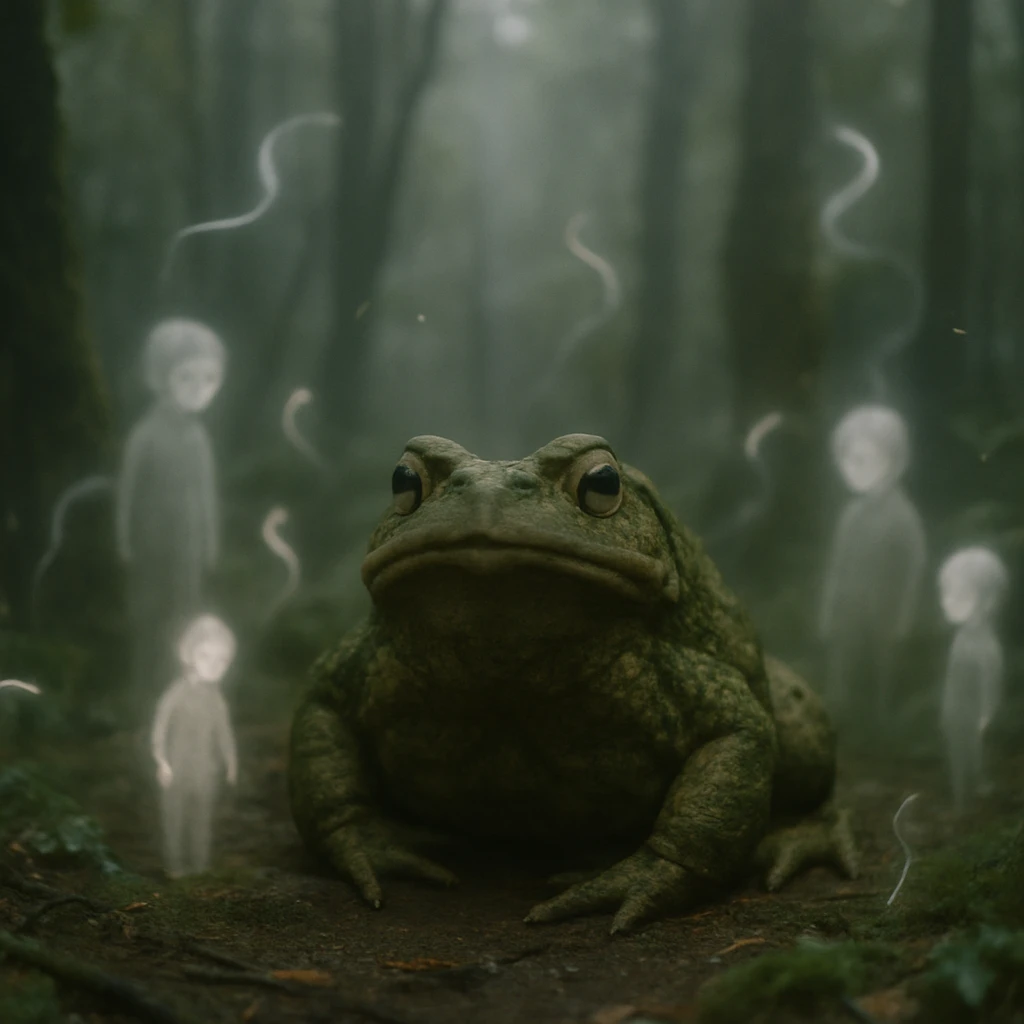 霧の立ち込める古い森の中で、苔むした巨大なカエルの周囲に子どもの霊や精霊が集まる様子の写真。