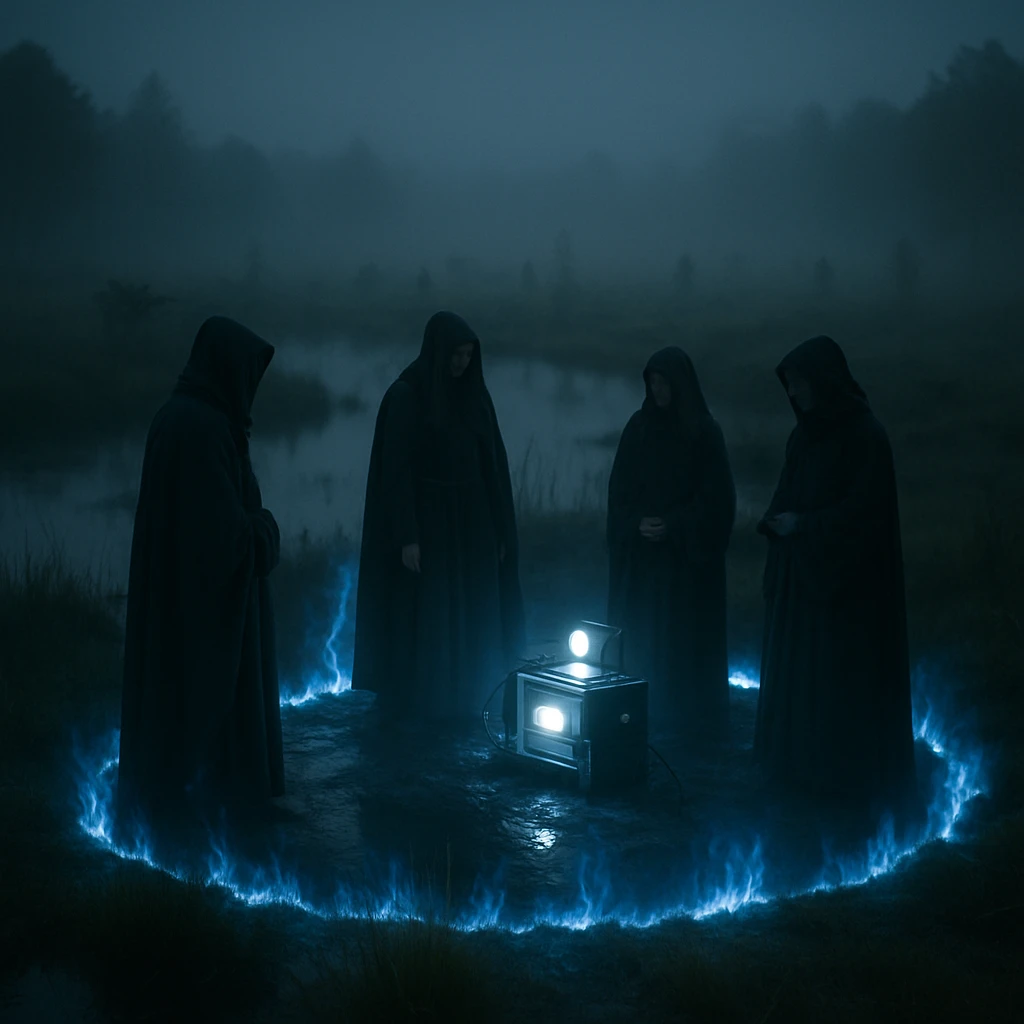 夜の泥炭沼で青白い炎に照らされて集まるローブ姿の人物たちと発光する機器を写した写真。