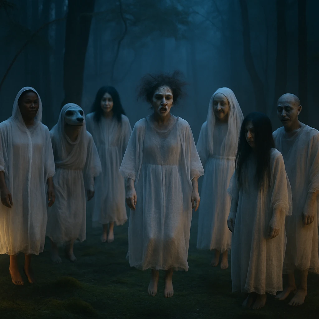 夜霧に包まれた森の中で幽霊や妖怪風の仮装をした人たちが浮遊しながらリトリートに参加している様子の写真。