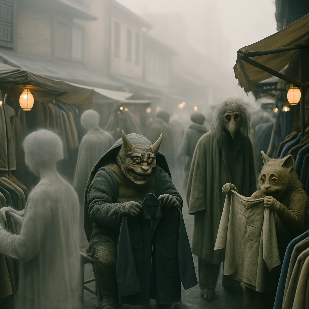 霧がかった旧市街の露店で、幽霊や妖怪たちが古着を手に取り賑わうリアルな市場の写真。