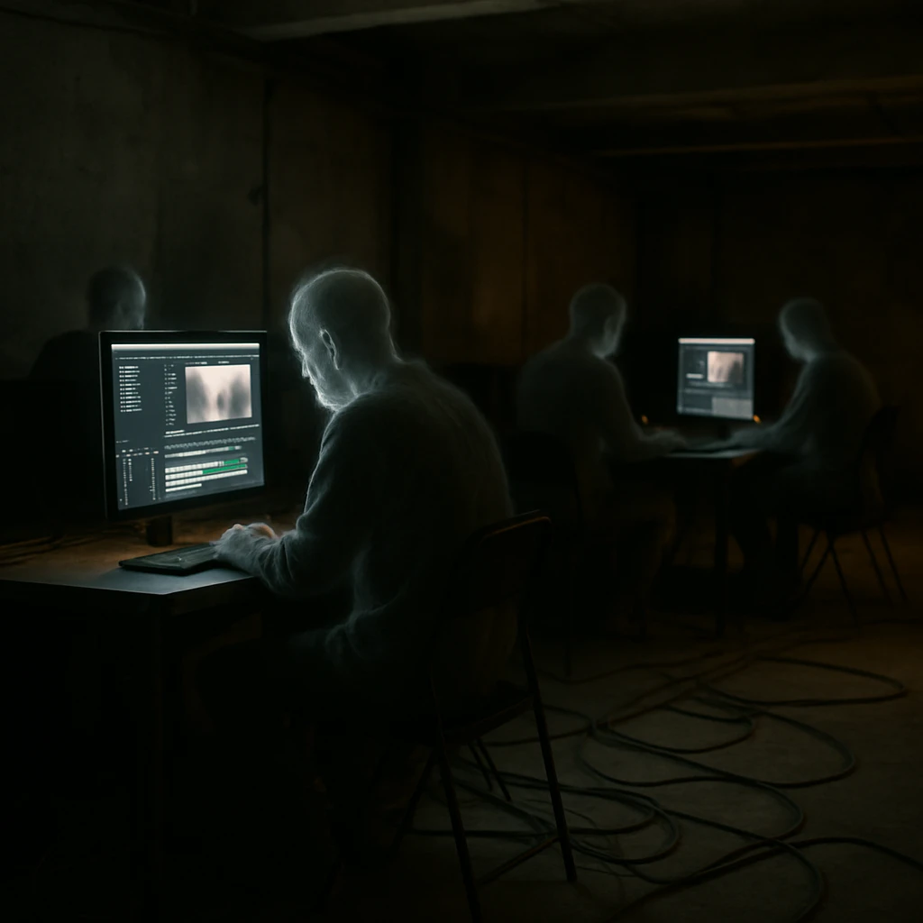 薄暗い地下作業場で幽霊のような編集者たちがコンピューター画面に向かう様子の写真。