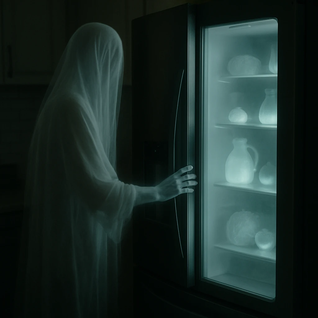 半透明の幽霊が現代的なスマート冷蔵庫の扉を静かに開け、中に発光する食材が浮かんでいるキッチンの様子。