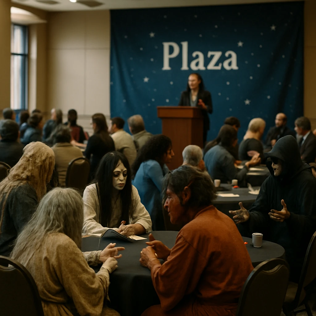 星影プラザの広い会議空間で霊や妖怪風の衣装をまとった多様な参加者たちがテーブルごとに話し合い、壇上には女性長官が立っている様子の写真。