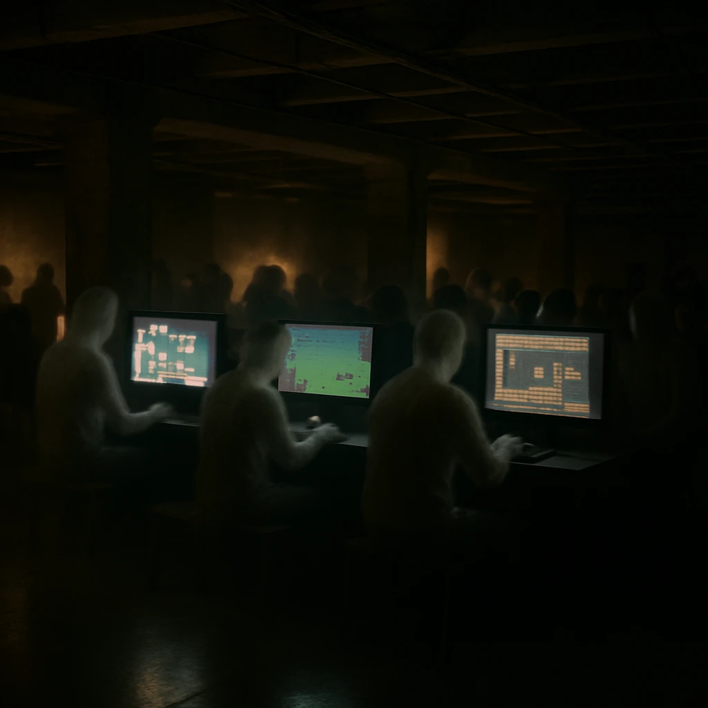 薄暗い地下会場で幽霊のような人影がゲーム発表を見守る様子のリアルな写真。