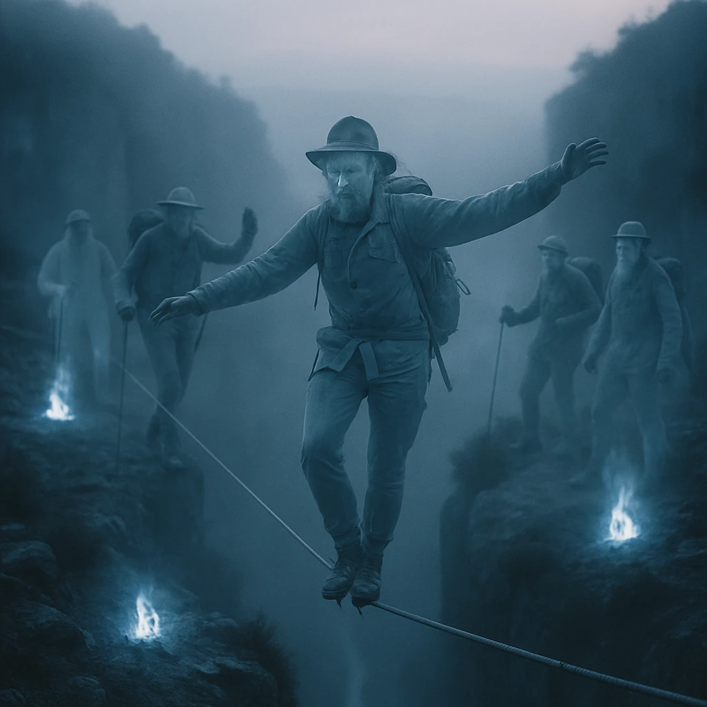 夜明け前の霧が立ち込める渓谷で、半透明の幽霊登山者たちが登山靴を履いてスラックラインを渡っている様子の写真。
