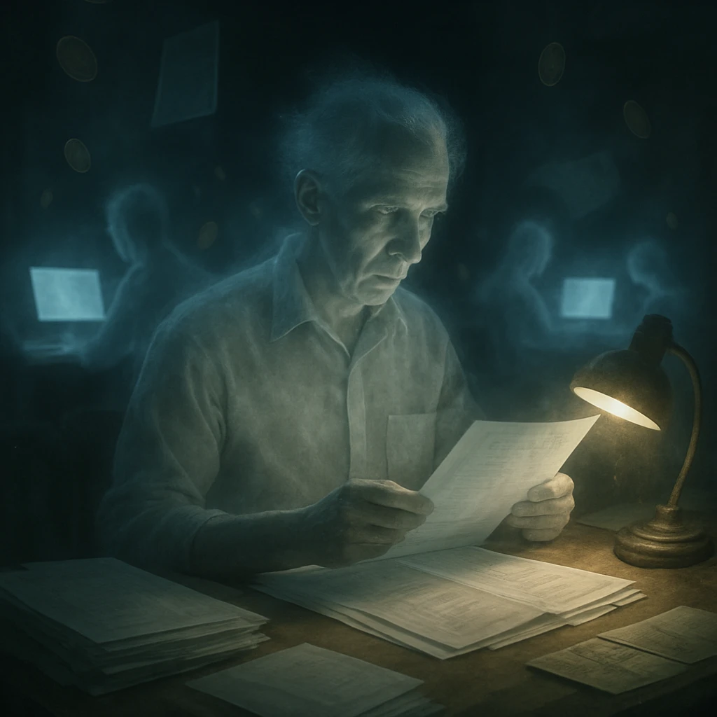 薄暗い異界風オフィスで、幽霊の会計士がクラウド型PCと財務書類をチェックする様子の写真。