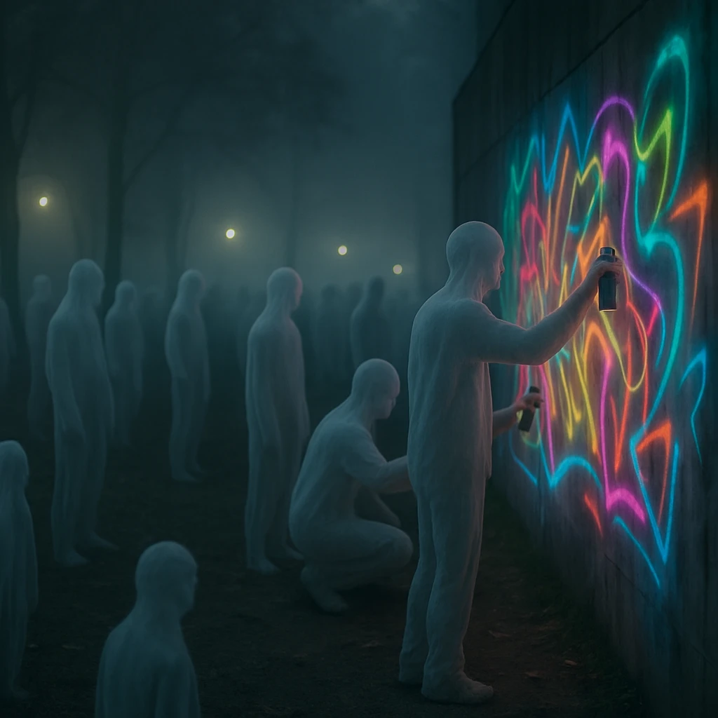 霧の中で亡霊たちが鮮やかな発光グラフィティを描く夜の公園の写真。