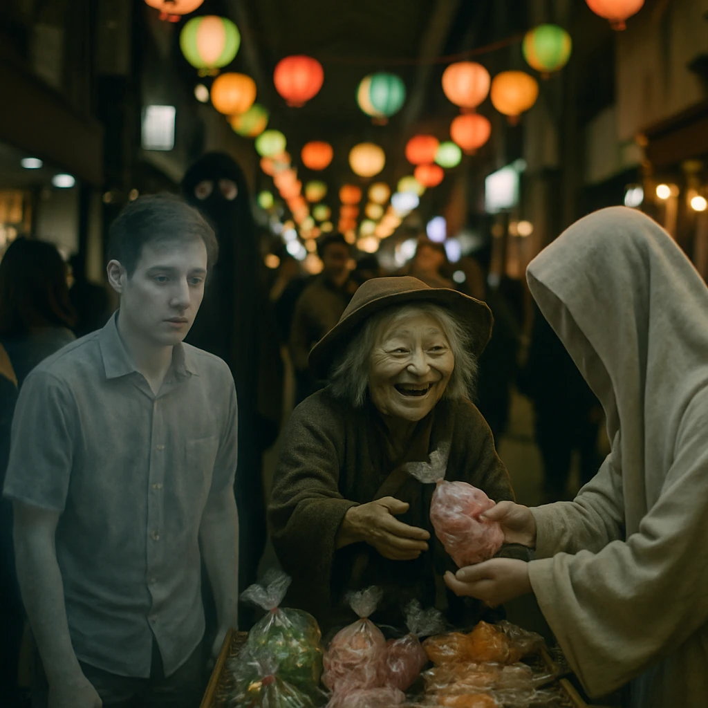夜の商店街アーケードでカラフルな提灯が灯り、人間と幽霊や妖怪に扮した人々が屋台の前で交流している様子の実写風写真。