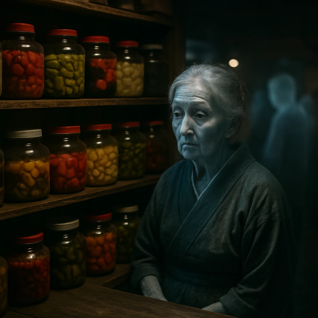 伝統的な着物姿の幽霊女性店主が、薄暗い漬物店のカウンター越しに物憂げな表情で立っている様子。