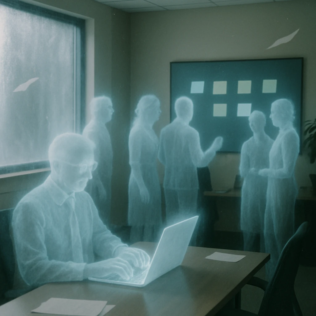 幽霊のような半透明の人物たちがオフィス内で浮遊するデジタルボードとノートパソコンを使っている写真。
