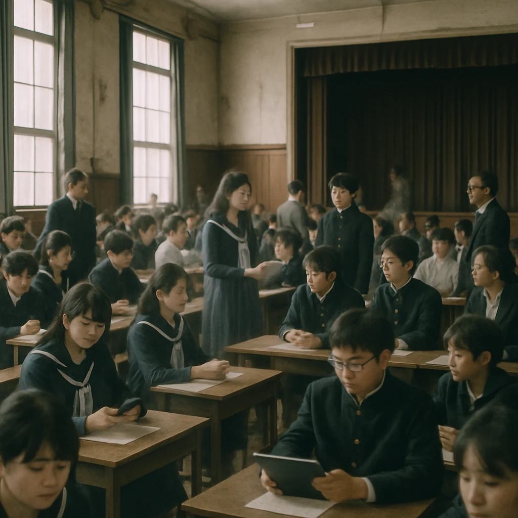 伝統的な講堂で制服姿の生徒たちや教員が議論する中、ところどころに半透明の幽霊のような姿が見える写真。