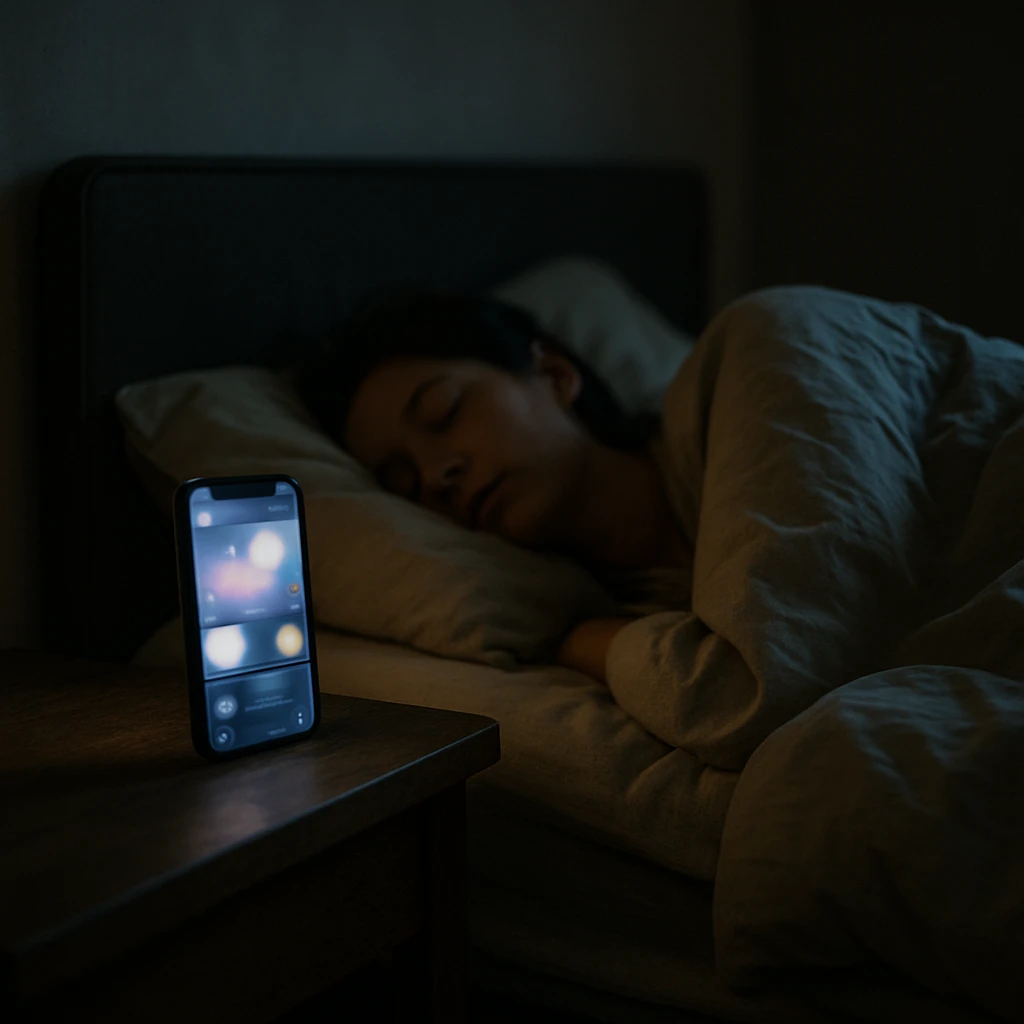 寝ている人の枕元でスマートフォンがぼんやりと光り、不思議なSNS画面が表示されている様子の写真。