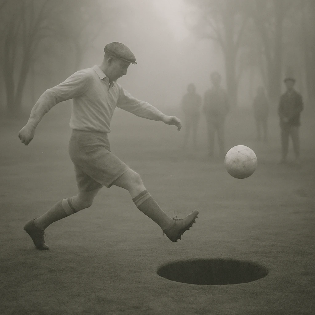 霧がかったクラシックなフットゴルフコースで、半透明の幽霊選手が空中で止まったボールを見つめている様子。