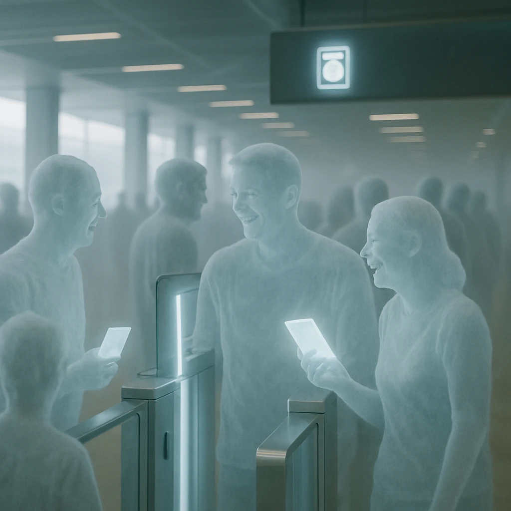 五次元港の空間で、パスポートを手に持って順番待ちする複数の幽霊たちが列を作っている様子のリアルな写真。