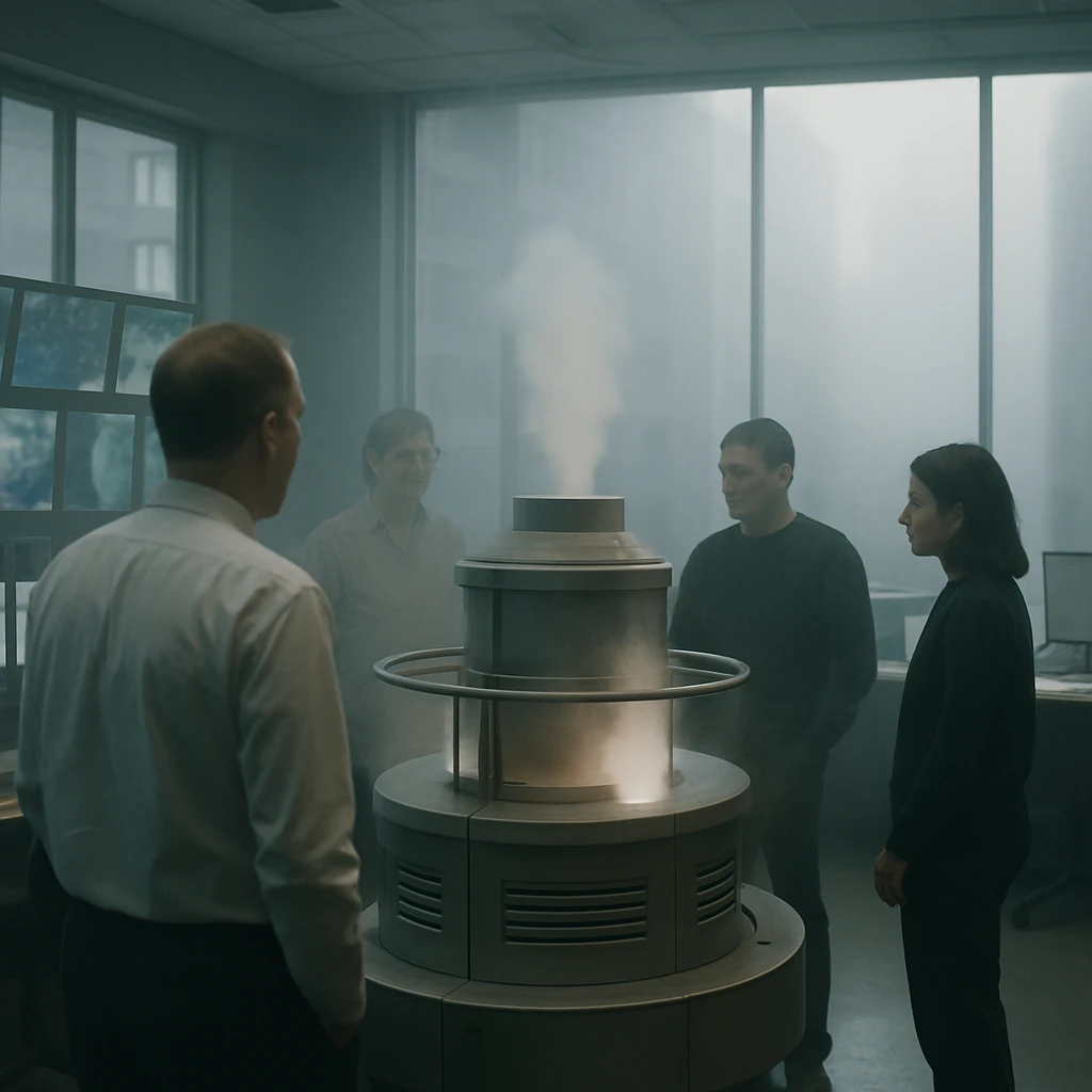 霧が立ちこめる中央都市の気象庁本部で、半透明の幽霊職員たちが大型霧リサイクル装置を囲む様子の実写風写真。