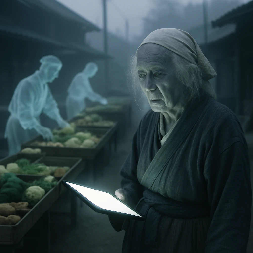 霧の立ち込める田舎の市場で、デジタル端末を手にした高齢の幽霊とAI精霊労働者たちが野菜の世話をする様子。