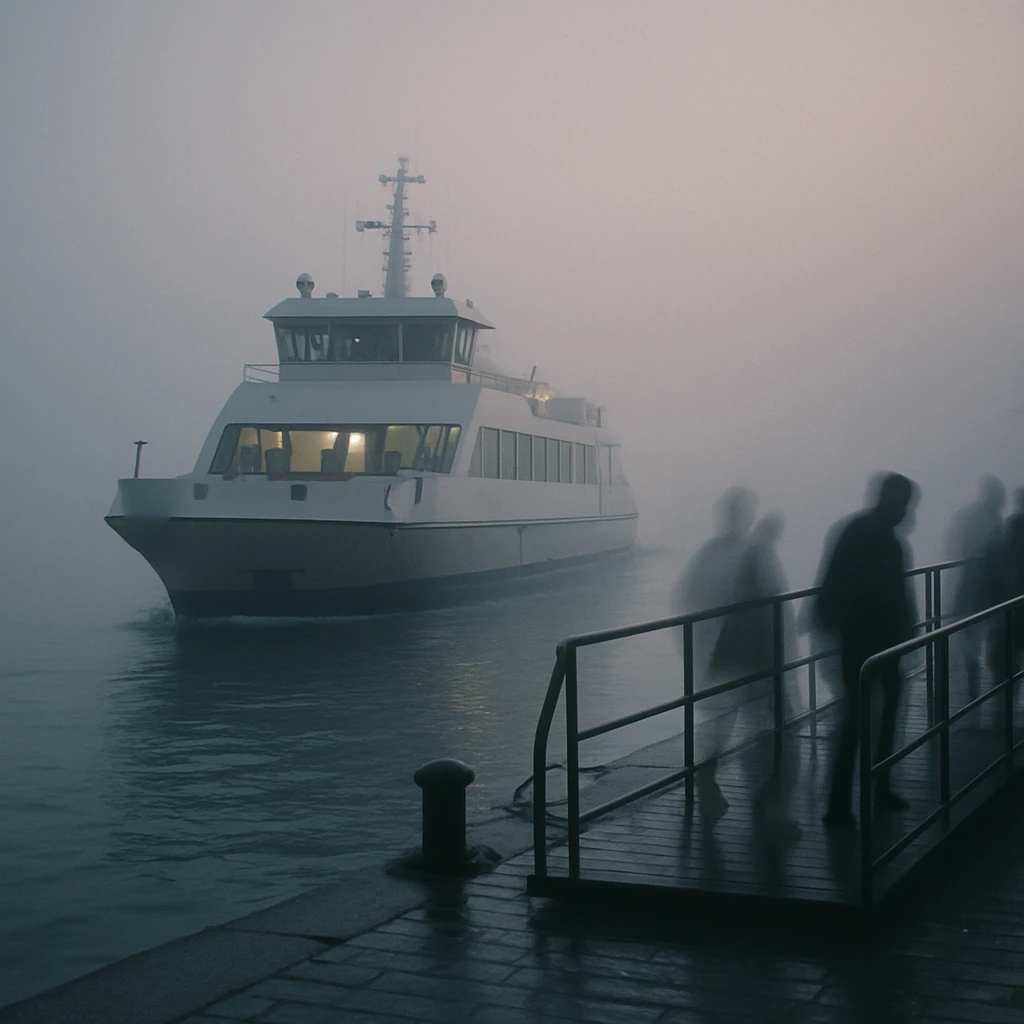 朝の霧が立ち込める港で、自動運航フェリーに透明な乗客が静かに乗り込む様子の写真。
