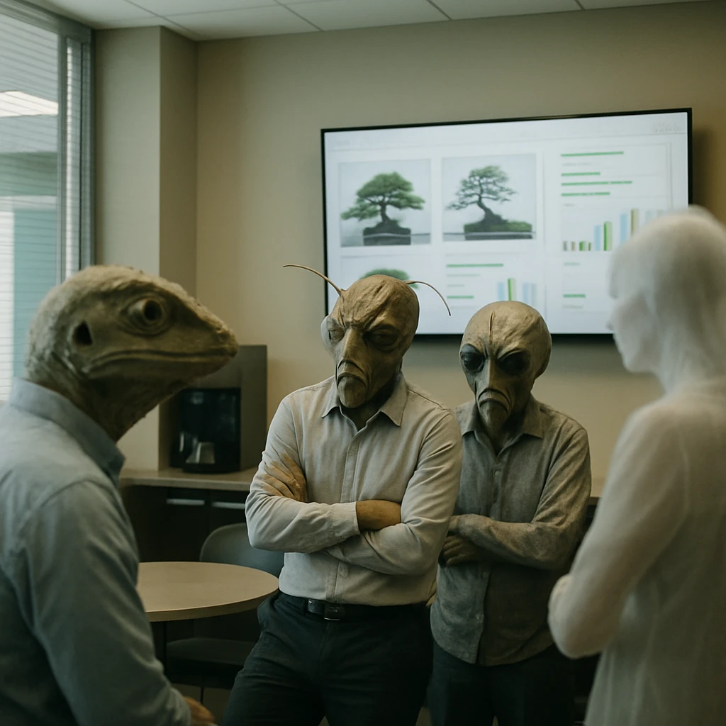 トカゲ頭や幽霊姿の多様な社員たちが、現代的な休憩スペースでバーチャル盆栽の画像やAIレポートを眺めながら議論している様子の写真。