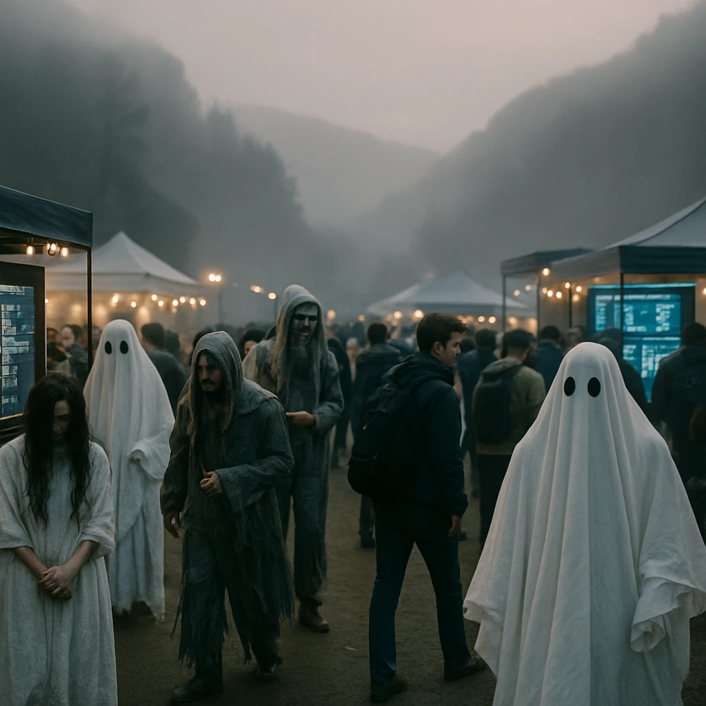 霧が立ちこめる谷で、幻想的な装いの参加者たちがテクノロジーブースの周囲に集まる祭りの様子。