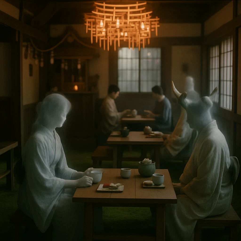 神社風のカフェ店内で着物姿の幽霊や妖怪たちが静かにお茶を楽しんでいる様子。