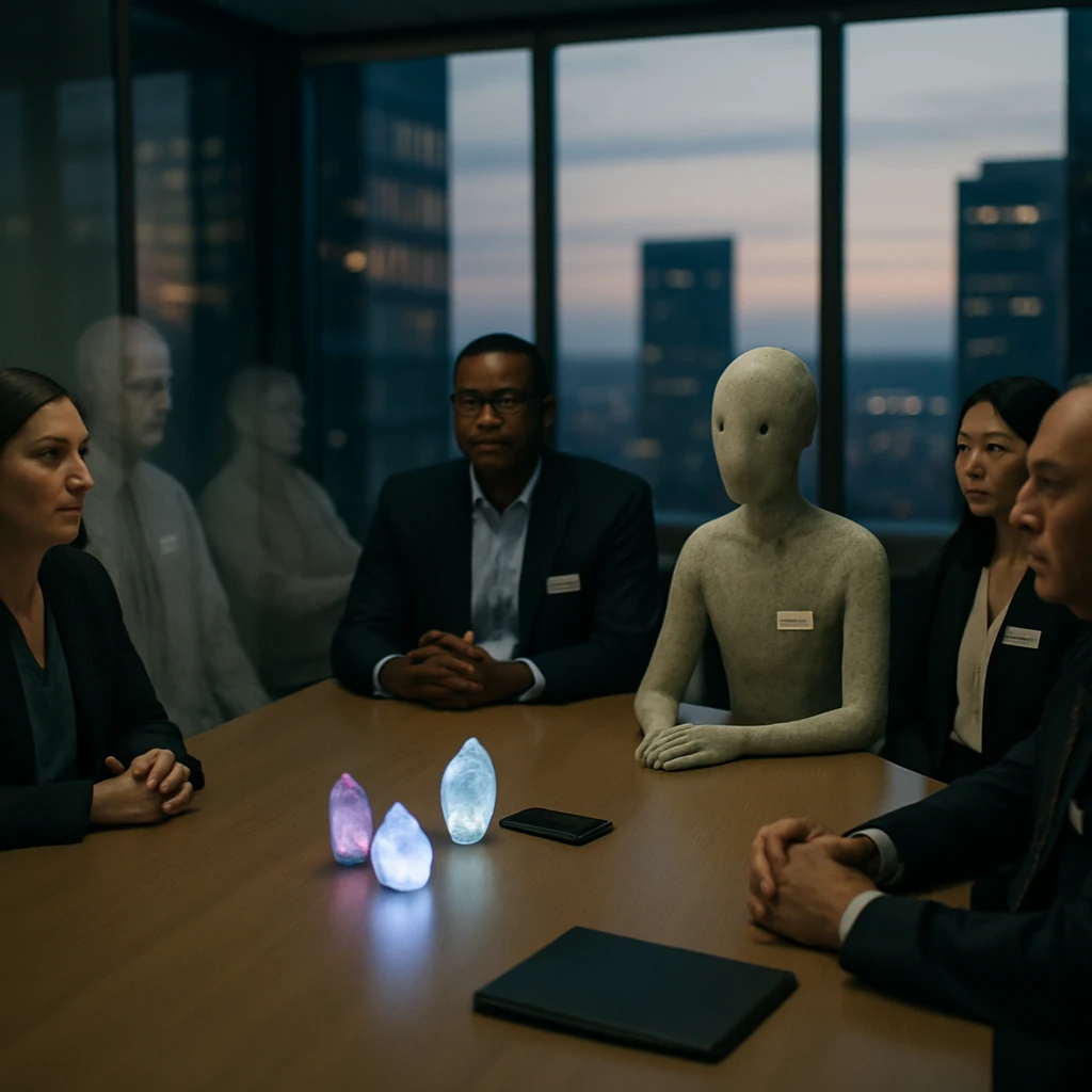 近未来的な会議室で人間や半透明の幽霊社員、異形の従業員たちが円卓を囲み、蛍光色のクリスタルやデジタル機器がテーブル上に置かれている様子。