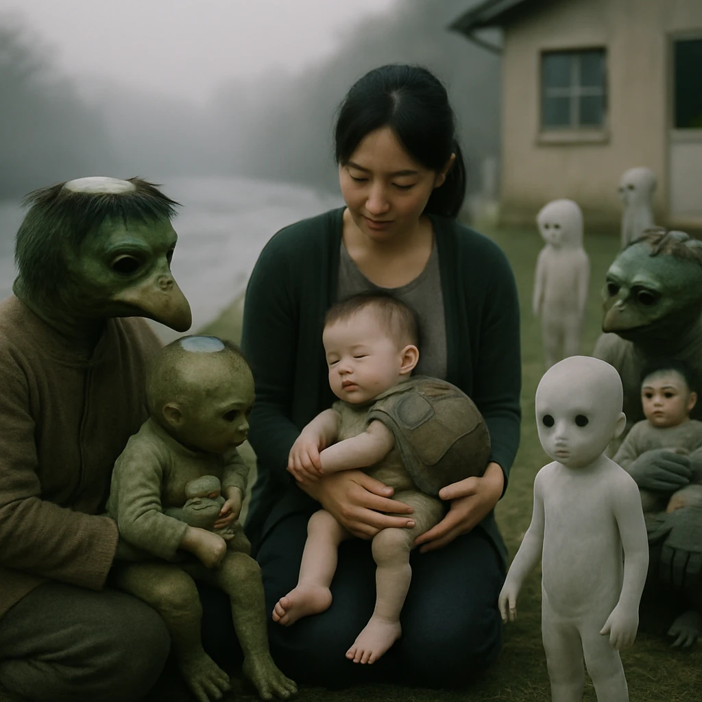 霧がかった川辺で異種混合の親子が集まり、透明な足や甲羅を持つ子どもも見える保育所前の様子。