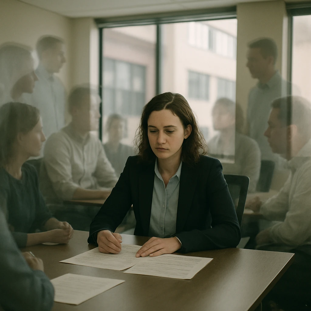 会議室のテーブルに座る生身の女性と、周囲にぼんやりとした幽霊の社員たちが集まり話し合う様子の写真。